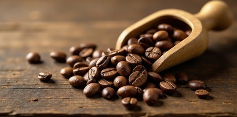 Fototapeta premium Aromatic coffee beans spill from wooden scoop on rustic wooden surface, texture, scoop, earthy