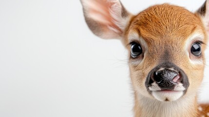  a close up of a small fawn looking at the camera with a white background Its fur is a light brown color and its eyes are bright and alert Its ears are perked up a