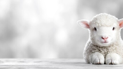  a cute white lamb sitting on top of a wooden table, with a blurred background The resolution of the image is 1920x1200