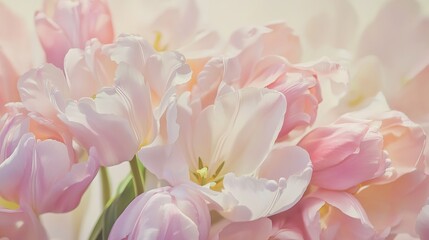 Elegant Pink Tulip Bouquet with White Ribbon, Dreamy Pastel Colors, Romantic Charm, Delicate Details on Table, High-Resolution Realistic Photography