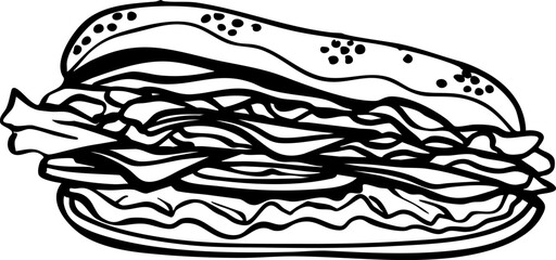 Philly cheesesteak sandwich vector doodle lineart style isolated on white background