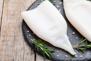 Squid tube and ring photography . Seafood top view