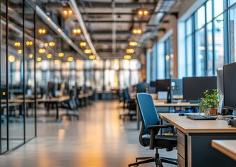 Empty office space with desks, chairs, and computers