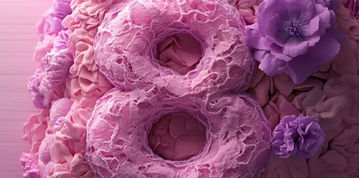 Delicate roses and lavender are arranged in the shape of the number eight on a soft and serene pastel background