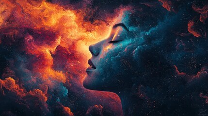 Dreamy Cosmic Portrait of a Woman Surrounded by Colorful Nebulae