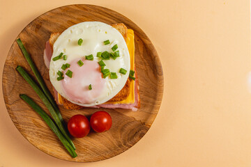 Tasty breakfast bowl with egg, cheese, and fresh veggies
