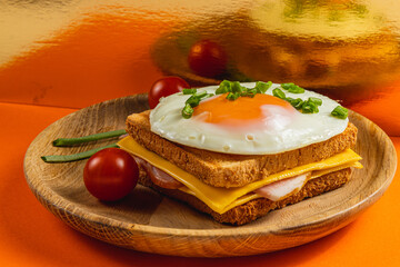 Tasty breakfast sandwich: fried egg, cheese, and tomatoes on wood