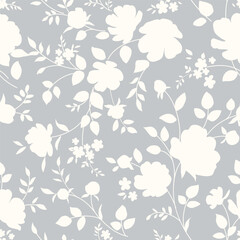 Seamless pattern with abstract garden flower, stem, bud and leaf silhouette. Gray background with blossoming flower. Vintage floral hand drawn wallpaper. Vector stock illustration.