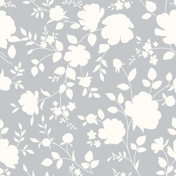 Seamless pattern with abstract garden flower, stem, bud and leaf silhouette. Gray background with blossoming flower. Vintage floral hand drawn wallpaper. Vector stock illustration.