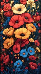 Naklejka premium Vibrant floral arrangement featuring red, yellow, and blue flowers against a dark background