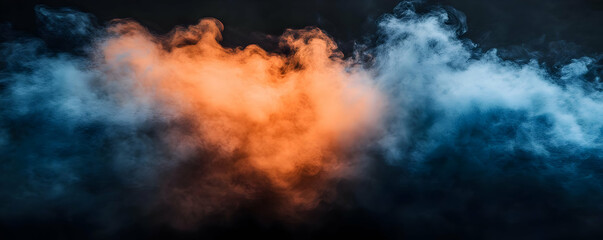 Orange blue smoke swirls, dark background. Design element