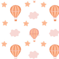 children's pattern with balloons, stars and clouds in soft pink colors