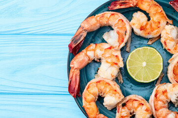 Grilled Tiger shrimps with lime photography . Top view