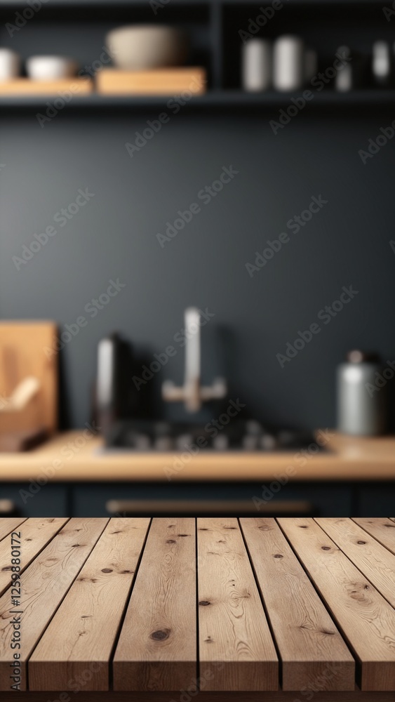 Poster wooden table background of free space for your decoration and blurred background of kitchen. copy sp