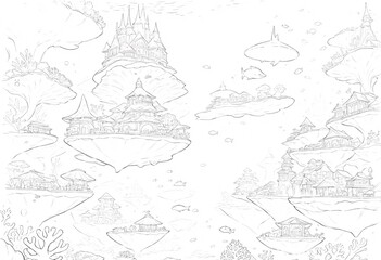  Fantasy Underwater Cityscape Sketch. A detailed line art sketch depicting a fantastical underwater city