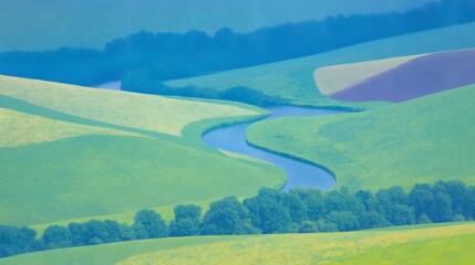 Picturesque rolling hills and a meandering river in a serene vibrant countryside landscape  Lush green fields blue sky and dense forest create an idyllic peaceful scene perfect for outdoor adventures