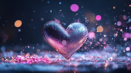 Obraz premium Radiant pink glitter heart with sparkling particles on a dark background. Perfect for Valentine's Day cards, romantic banners, or festive decorations.