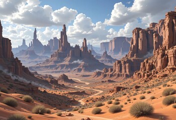  Stunning Desert Canyon Landscape with Red Rock Formations. A breathtaking vista of a vast desert canyon featuring towering red rock formations and a winding path through the landscape