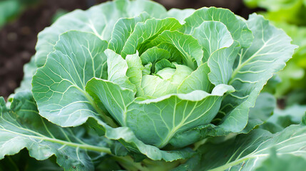 A cabbage plant growing in nutrient-rich soil, Green cabbages growing in field. Organic farming
