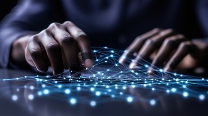 Close-up of hand interacting with digital network visualization on dark background. AI, cyber security, and data technology