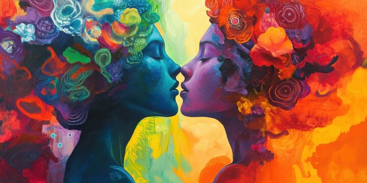Two figures with colorful floral hair create a striking connection in an artistic representation of unity and love