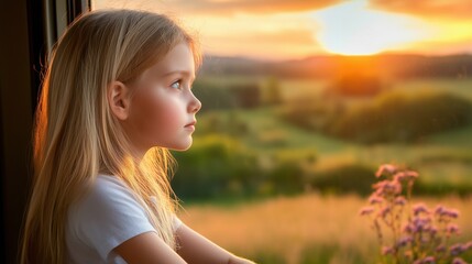 Fototapeta premium Young girl gazing out of a train window at a scenic sunset landscape. Childhood dreams, travel, and wonder.