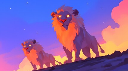 Majestic Pride of Lions Silhouetted Against Dramatic Sunset Sky with Glowing Horizon and Twinkling Stars  Powerful Regal Animal Predators in Serene African Wilderness Landscape