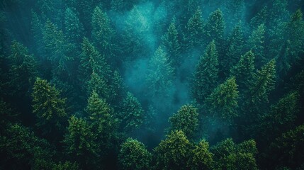 Fototapeta premium Aerial view of dense evergreen forest shrouded in mist, showcasing nature's tranquility