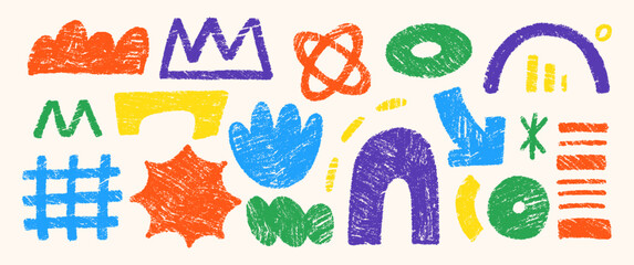 Hand drawn crayon doodles, squiggles, crown, arrow and grid. Abstract funky shapes and arrow with chalk texture. Multicolor Childish vector illustration.