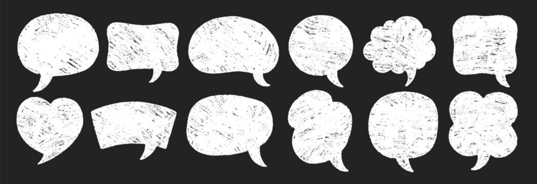 Set of hand drawn grunge crayon, charcoal, chalk speech bubbles in doodle style. Text boxes on a black background.