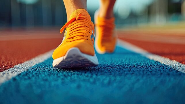 A close-up of a sprinter's feet on the starting block, focused and ready for a race, athletic shoes on a smooth track