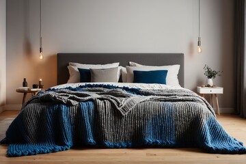 A comfortable bed with blue knit blanket and pillows in a well-designed bedroom