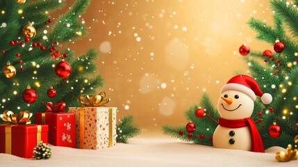 A Christmas illustration with a Christmas tree in the corner, a gift box and a snowman. A festive winter poster with a place for text in the middle.