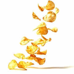 fried potato chips falling, white background