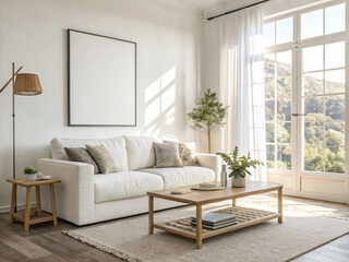 A bright and airy living room featuring a white sofa, a large window with a nature view, and minimalist decor.