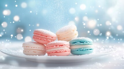 Obraz premium Macarons dusted with powdered sugar on a plate against a festive blue background. Elegant French dessert for special occasion themes.