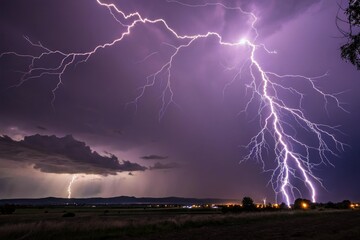 The darkness is illuminated by flashes of brilliant purple lightning that crackle and pop against the atmosphere, black sky backdrop, energetic display