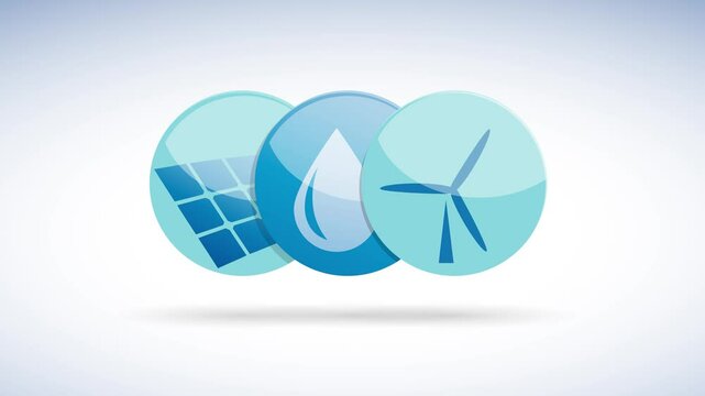Glossy buttons showing renewable energy sources promoting sustainability with solar panel, water and wind turbine icons