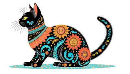 Ornamental cat with intricate folk-inspired patterns and symbolic ornamentation