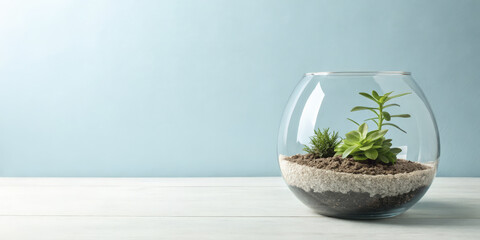 small green plant in glass terrarium on light wooden surface