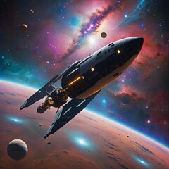 Obraz premium Interstellar Voyager Amidst a Vivid Nebula and Celestial Bodies