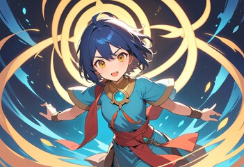  Anime Girl Character in Action Displaying Magic Skills. Vibrant anime girl character likely from a video game depicted in dynamic action