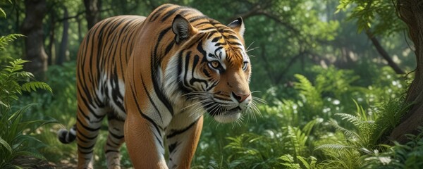 Obraz premium Tiger's muscles tensed and ready to spring into action as it spots its next meal in the underbrush , feline, muscles, prey