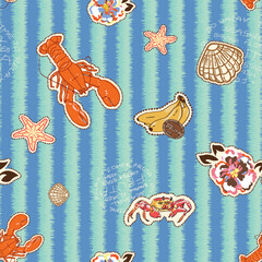 Hand Draw Hawaii Beach Print Seamless Pattern Art, Sealife Animal Lobster Crab Seashell And Flower Fruit Banana Wallpaper Background Print  