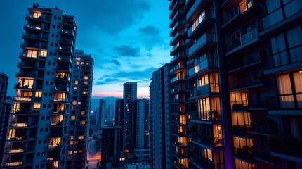 a panoramic view of city high-rise apartment buildings with the windows lit at night. 