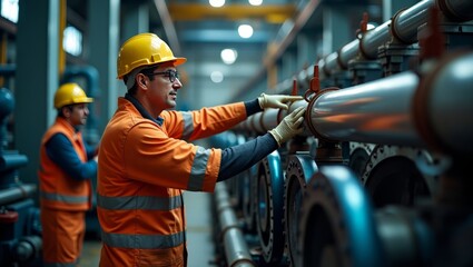 industrial workers in hard hats examining machinery in an industrial setting. 