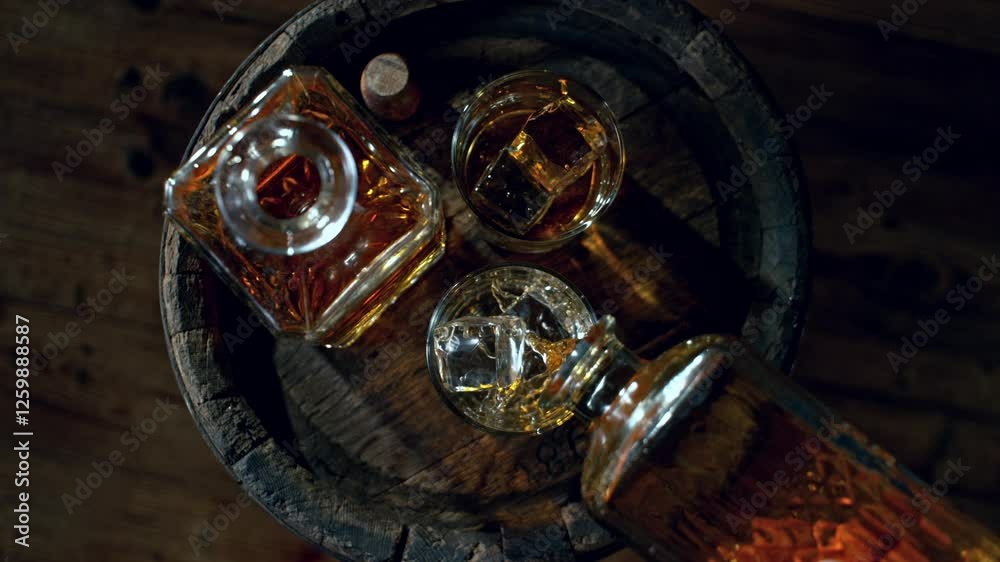 Poster super slow motion of pouring whiskey or rum, top view shot. camera placed on motion control system. 