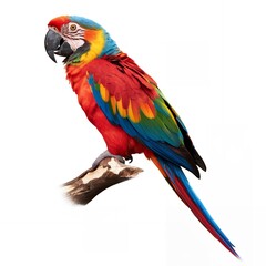 Obraz premium Vibrant Scarlet Macaw Parrot Perched on Branch Isolated on White Background