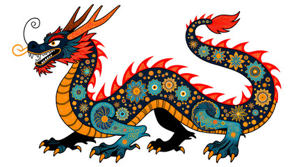 Majestic folk-inspired dragon with intricate ornamentation and vibrant colors
