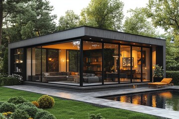 Modern Black Wooden Gazebo with Glass Side and Cozy Garden Terrace by the Swimming Pool on a Bright Summer Evening